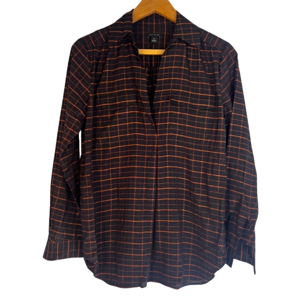 Ann Taylor Plaid Pullover Shirt Neutral Soft Vneck Casual Size XS Long Sleeve